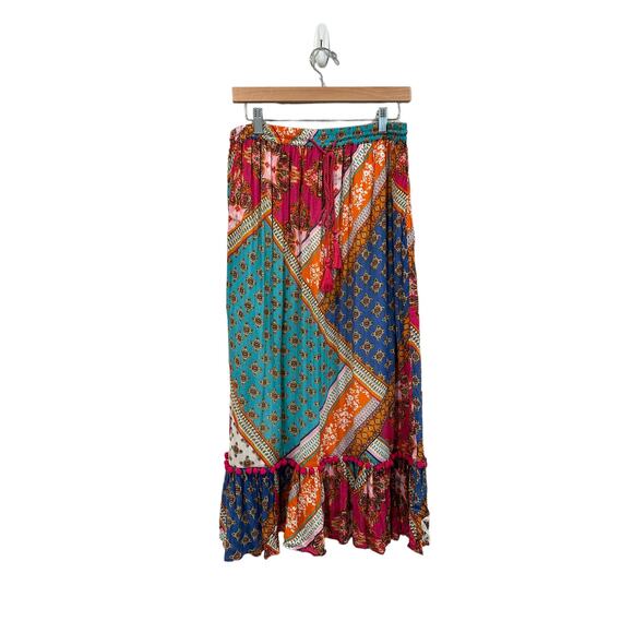 NEW RD+KoKo Cotton Multicolor Patch Boho Tassel Pom Pom Peasant Skirt Medium - Picture 1 of 5